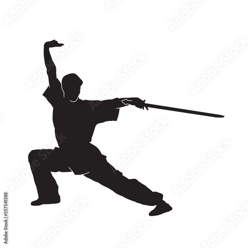 Vector silhouette of martial arts kung fu man standing and use sword to perform. Shaolin master illustration on white.