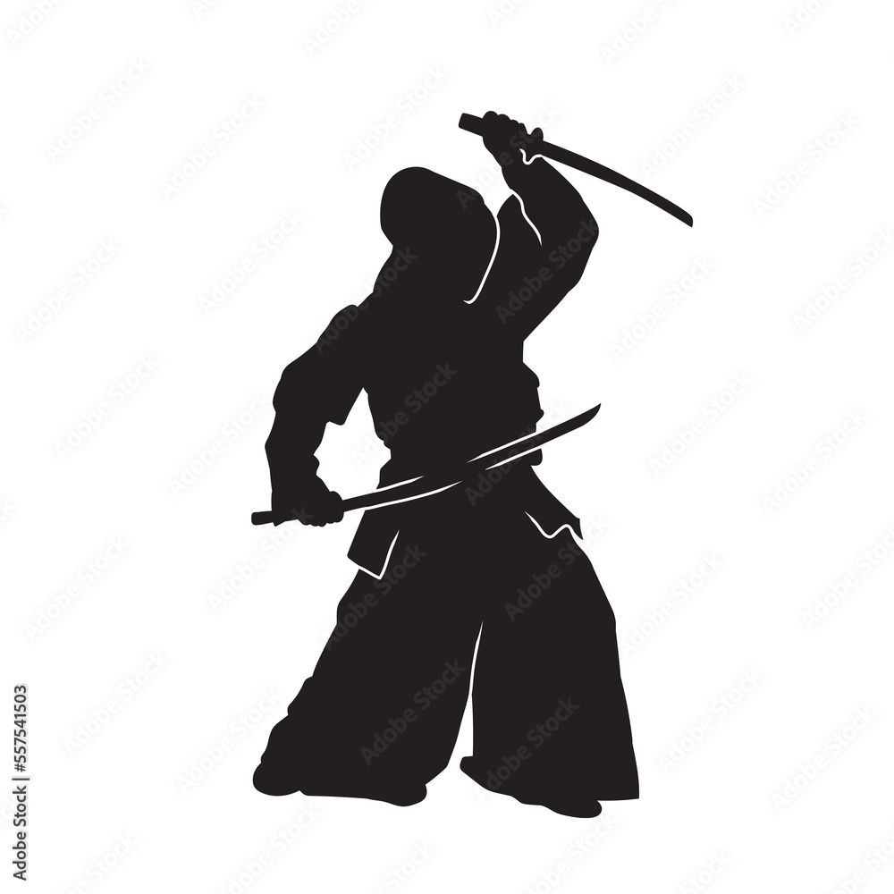 Kendo fighters hold katana in traditional clothes silhouette. Samurai illustration on white. Kendo fighters hold katana in traditional clothes silhouette. Samurai illustration on white.