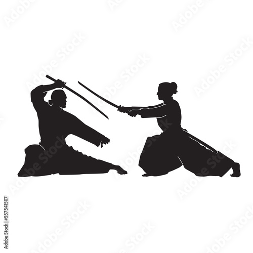 Kendo fighters hold katana in traditional clothes silhouette. Samurai illustration on white.