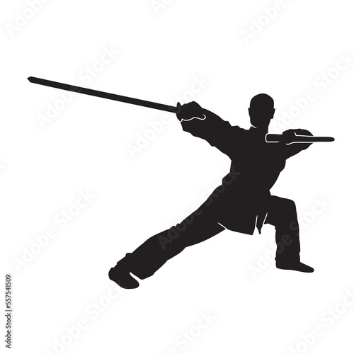 Vector silhouette of martial arts kung fu man standing and use sword to perform. Shaolin master illustration on white.