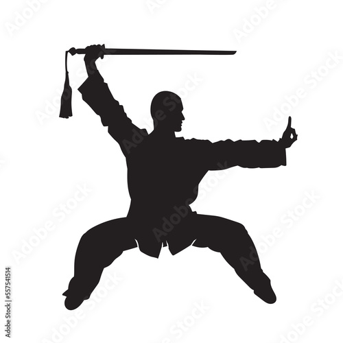 Vector silhouette of martial arts kung fu man standing and use sword to perform. Shaolin master illustration on white.