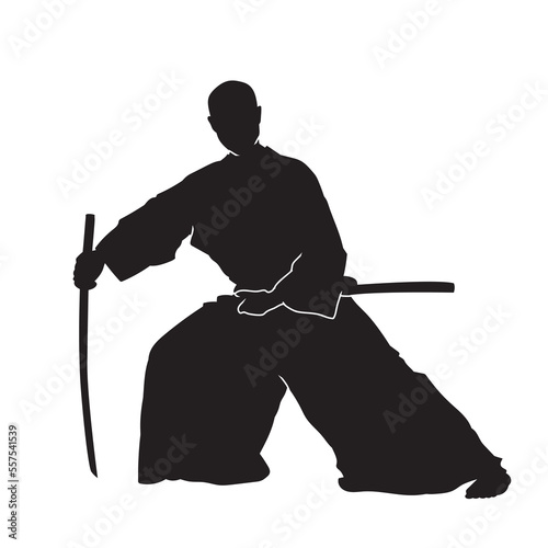 Kendo fighters hold katana in traditional clothes silhouette. Samurai illustration on white.