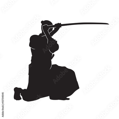 Kendo fighters hold katana in traditional clothes silhouette. Samurai illustration on white.