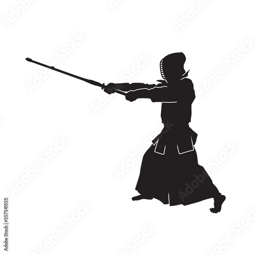 Kendo fighters hold katana in traditional clothes silhouette. Samurai illustration on white.
