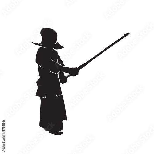 Kendo fighters hold katana in traditional clothes silhouette. Samurai illustration on white.