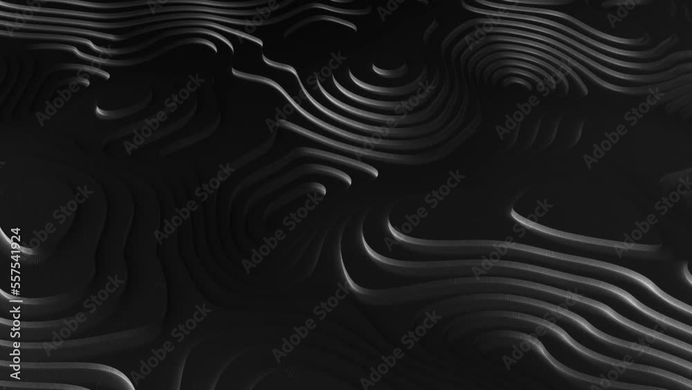 3d background lines, textured backdrop bg. Motion design graphics on abstract mountains animation in black and white. Grunge style dark gray surface environment. Topographic contour line map render.