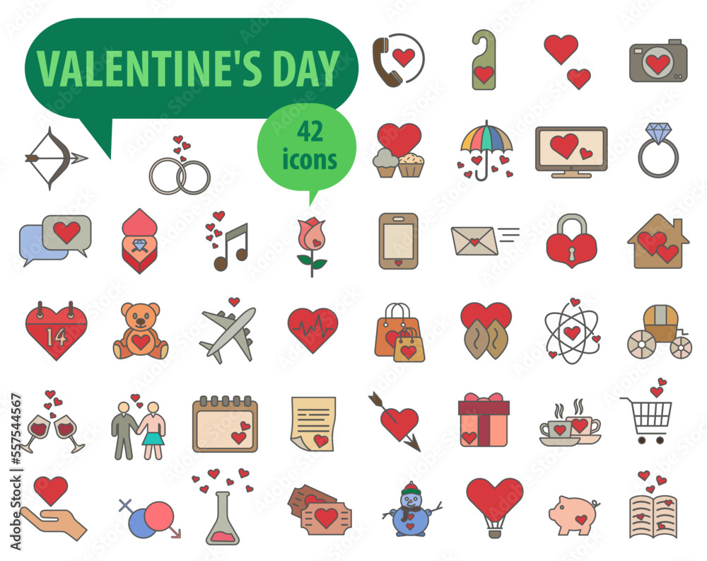 Set of flat vector valentine's day icons isolated on white background.