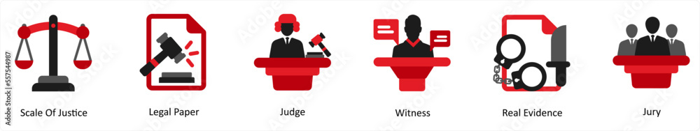 Six justice icons in red and black as scale of justice, legal paper, judge Six justice icons in red and black as scale of justice, legal paper, judge