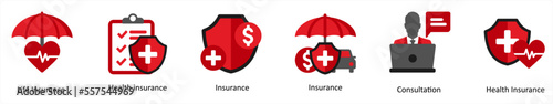 Six insurance icons in red and black as life insurance, health insurance, insurance