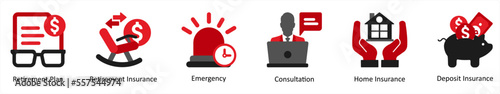 Six insurance icons in red and black as retirement plan, retirement insurance, emergency