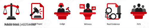 Six justice icons in red and black as scale of justice, legal paper, judge