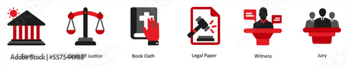 Six justice icons in red and black as court, scale justice, book oath
