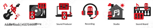 Six music icons in red and black as band, mixing, sound producer