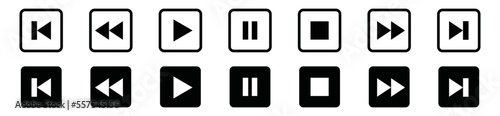 Media player buttons icon set. Media player buttonns icon in square. Video audio player buttons icon. Play, pause, next, previous, faster, slow down, record button sign, symbol vector illustration