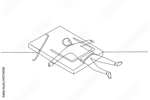 Cartoon of businessman got caught shut in mousetrap metaphor of business trap. One line art style