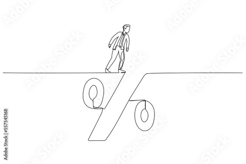 Illustration of businessman looking into deep hole of interest loan percentage debt trap. Single line art style