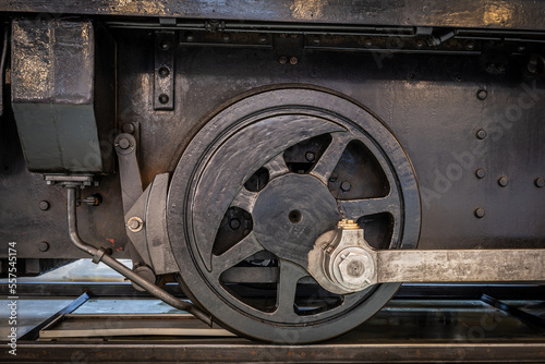 close up of the wheel from an old diesel locomotive 