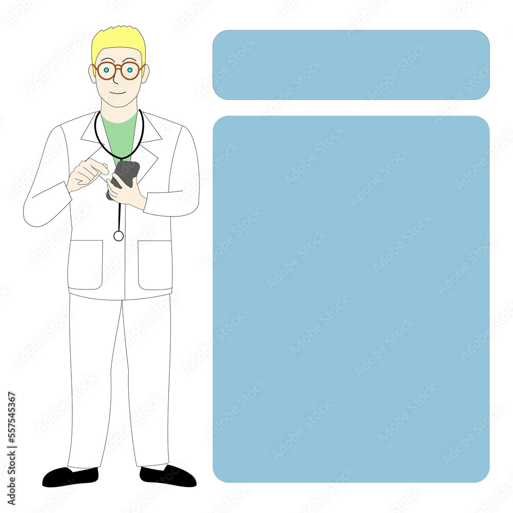 A caucasian male doctor, surgeon, dentist, veterinarian, white background with a cellphone A caucasian male doctor, surgeon, dentist, veterinarian, white background with a cellphone