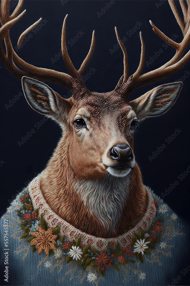 Deer wears a new years sweater with reindeer embroide, created with Generative AI technology
