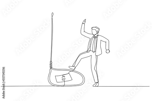Cartoon of businessman tricked with money bait get trap because greedy. One line style art