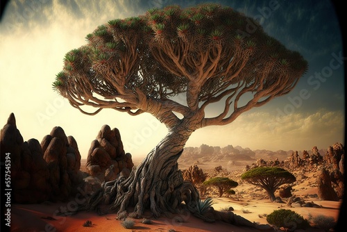 Dragon tree in moutings lanscape, created with Generative AI technology © tookitook
