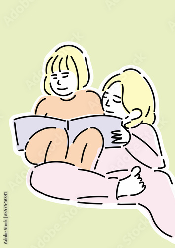 絵本を読んでいる2人の子どもの手描きイラスト