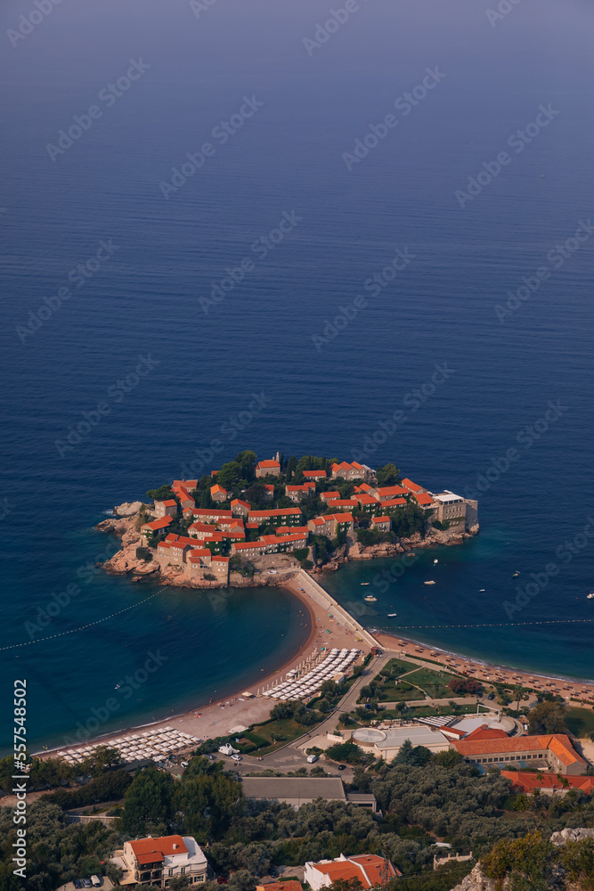Beautiful view of the island of St. Stephen, Sveti Stefan on the Budva Riviera, Budva, Montenegro. Travel to Montenegro concept