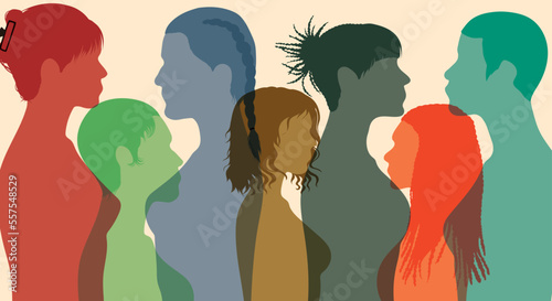 A conversation between women. Detailed profiles in different colours. A variety of exposures and women talking. Culture at the local and regional level.