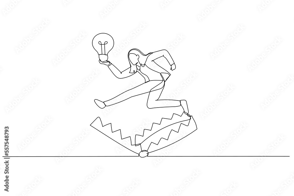 Illustration of business woman avoid trap with good business idea lightbulb. Continuous line art style