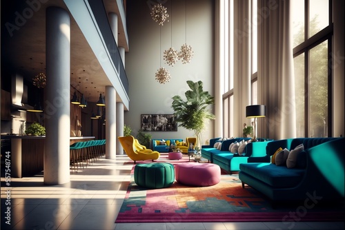 living room interior  3d render modern interior environment design  bright color accents  warm and welcoming atmosphere