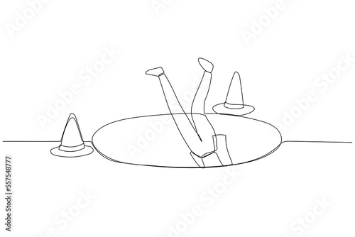 Drawing of business woman fall down into trap hole metaphor of failure or mistake. Continuous line art