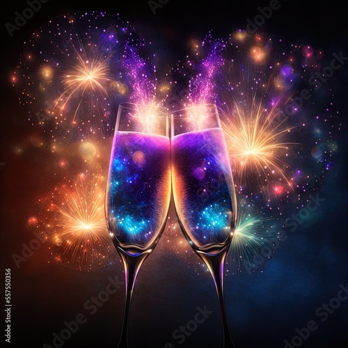 Cheers with wine glasses with fireworks in the background.