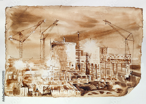 Nuclear power plant great constructing urban landscape. Grunge old photo border background. Hand drawn coffee with paper texture. Coffeedrawn collection. Bitmap image
