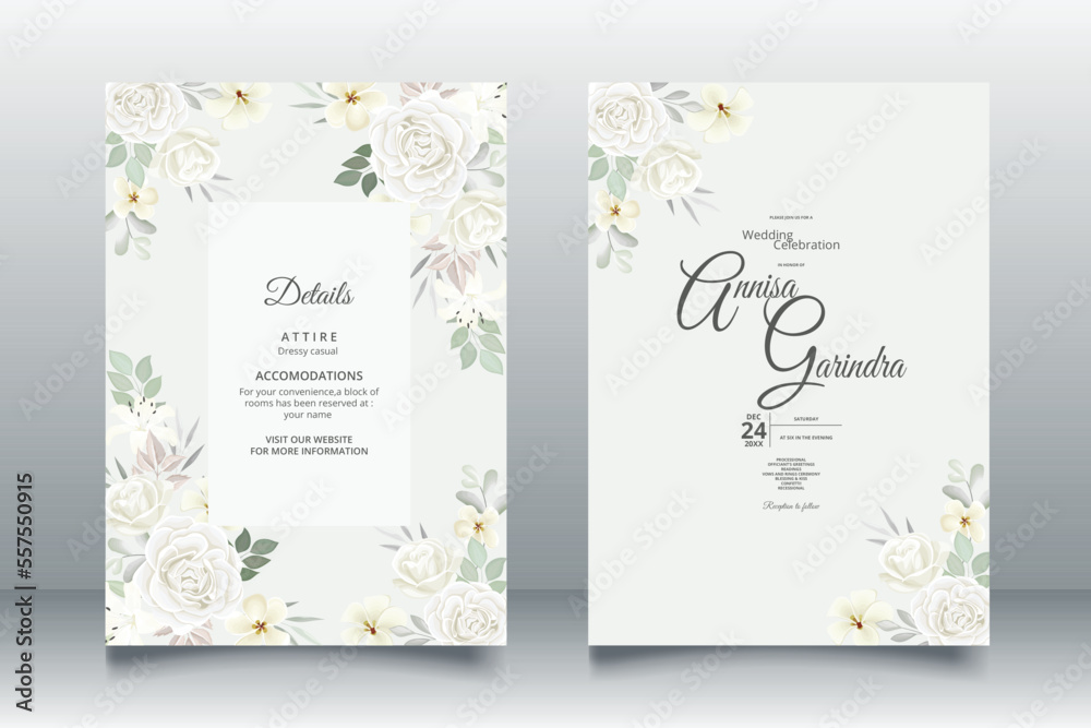  Wedding invitation card template set with beautiful white  floral leaves Premium Vector