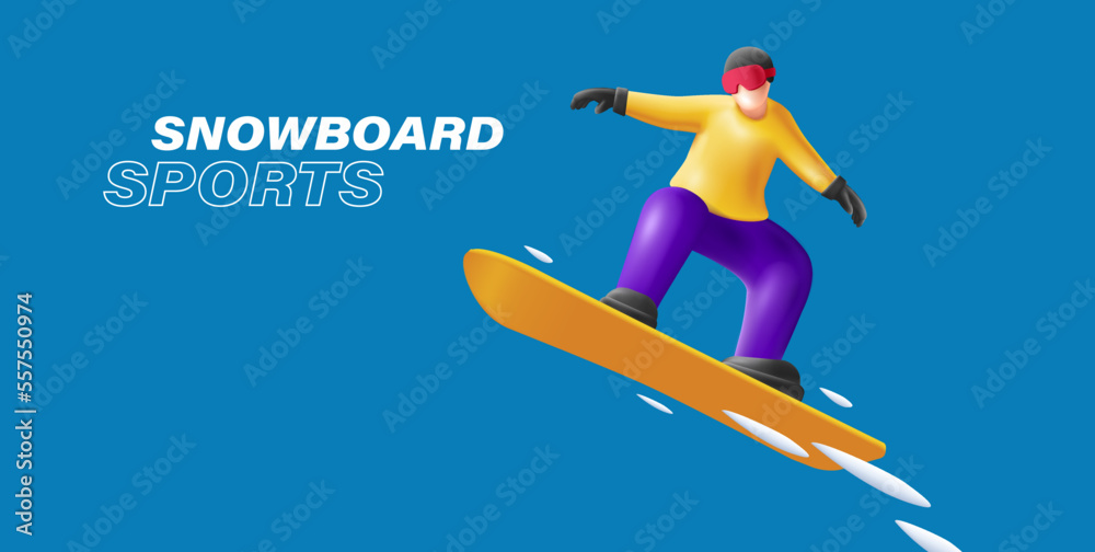 Snowboard jump race snowboarder 3d render character illustration poster composition Snowboard jump race snowboarder 3d render character illustration poster composition
