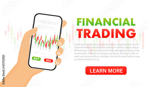 Financial trading Japanese candle on the phone. Digital banking, cryptocurrency and blockchain fintech, company shares, investments, personal finance technologies. Vector illustration