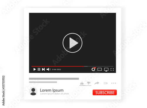 Video player template interface. Concept of social networks. Video channel layout. Player of web windows. Video content, blogging. "Subscribe" button. Vector illustration