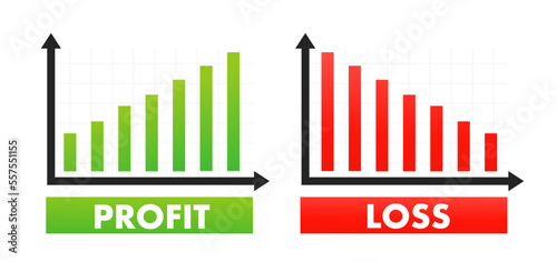 Graphs of profits and losses. Green arrow up and red arrow down. Profit and loss trading of traders. Financial crisis, decrease in profits, shares of companies, cryptocurrency. Vector illustration