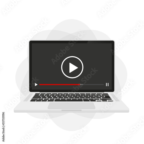 A modern laptop with a video player on the screen. Online videos, movies, study materials, web course concepts. flat design. Vector illustration