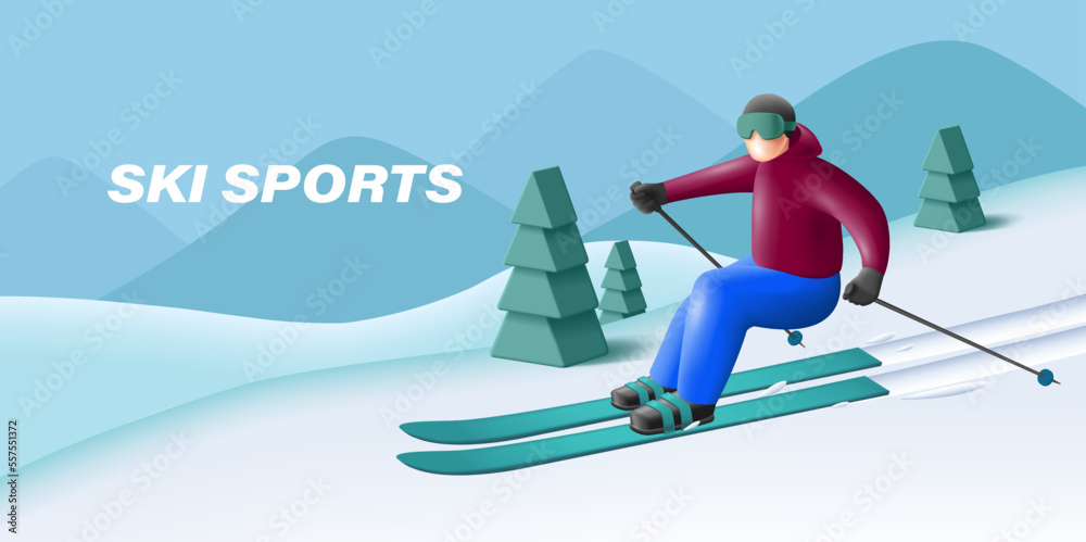 Landscape mountain background with 3d render illustration of skiier sliding down the slope