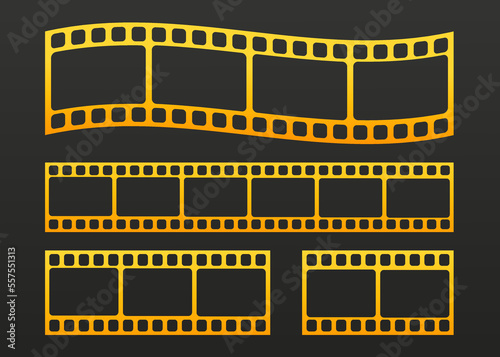 Realistic gold cinema film strip isolated on gray background. Cinema film reel .Template movie for advertisement, poster, brochure, banner, flyer. Vector illustration