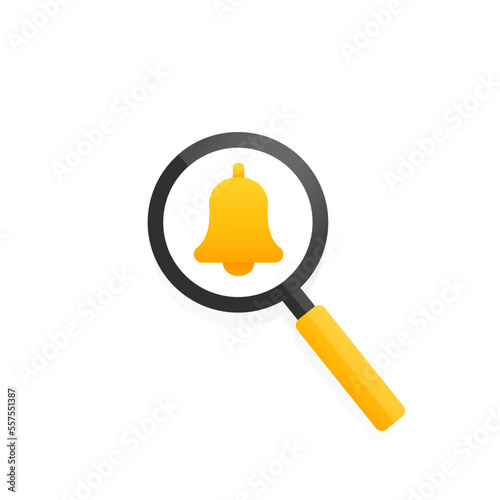 Bell icon with magnifying glass. A reminder of Ender's Yellow Bell on social media. Vector illustration photo