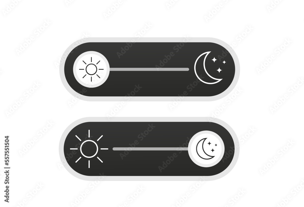 On and Off toggle switch buttons. Light and Dark Buttons. Day night switch. Gadget interface switch to Day and Night mode for Mobile App, Web Design, Animation. Day and Night Mode. Vector illustration On and Off toggle switch buttons. Light and Dark Buttons. Day night switch. Gadget interface switch to Day and Night mode for Mobile App, Web Design, Animation. Day and Night Mode. Vector illustration