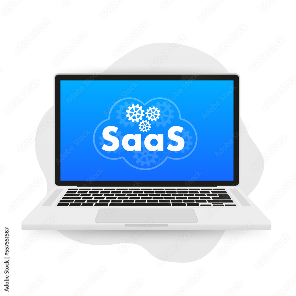 Saas icon with cloud, SAAS cloud computing. Software as a service for Internet storage on a laptop. Digital web server and data center services logo. Vector illustration Saas icon with cloud, SAAS cloud computing. Software as a service for Internet storage on a laptop. Digital web server and data center services logo. Vector illustration