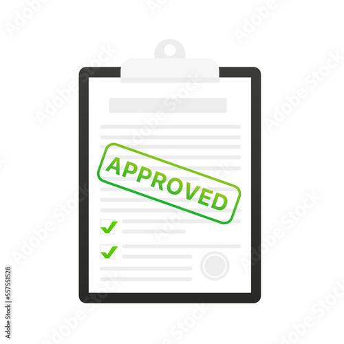 Approved application. Clipboard document, green approved stamp on white background. The concept of filling out an online application form. Contract documents. Vector illustration © StudioGraphic