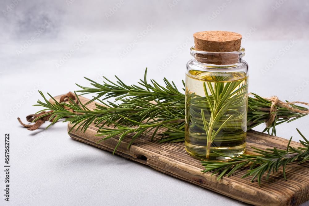 Fresh twigs of rosemary spice with aromatic oil in glass bottle Fresh twigs of rosemary spice with aromatic oil in glass bottle