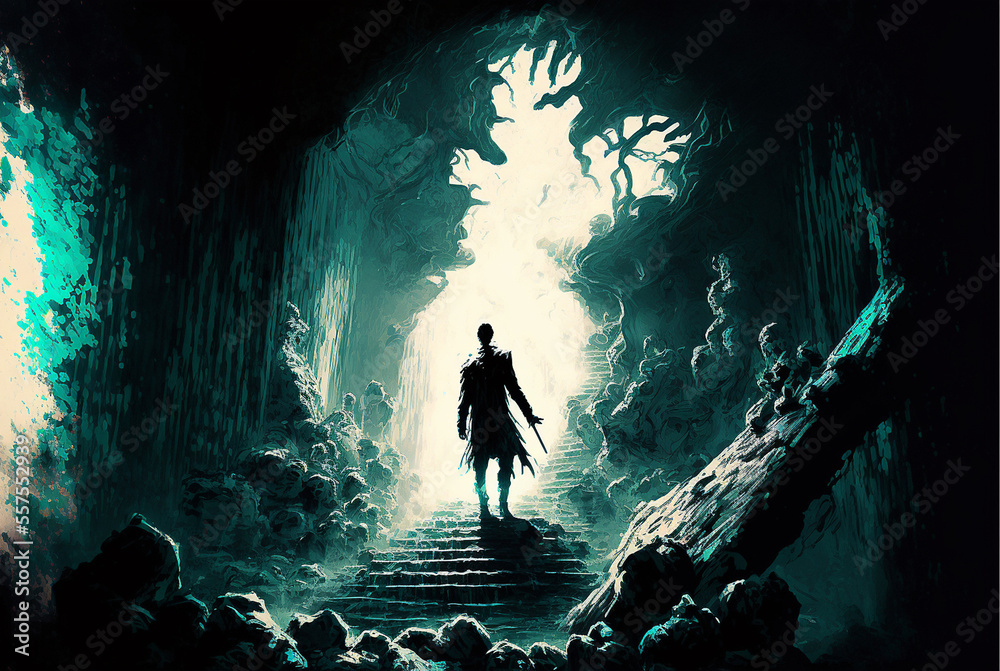 Fototapeta premium silhouette of a person in a cave AI