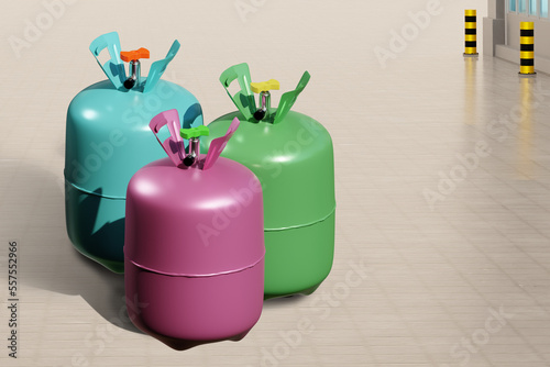 Freon balloon. Conditioner filling equipment. Multicolored freon balloon on ground near building. Freon gas for climate technology. Split technology. Freon gas balloon production concept. 3d image. photo