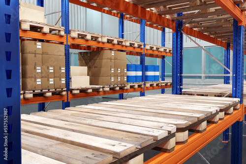 Boxes in stock. Pallets on storage racks. Warehouse furniture closeup. Industrial furniture for long-term storage. Empty pallet on warehouse shelves. Metaphor for renting space in warehouse. 3d image