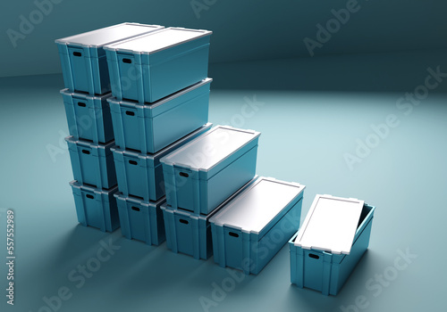 Plastic containers. Containers for long-term storage in warehouse. Closed plastic containers are located on floor. Turquoise boxes made of thick plastic. Concept sale of warehouse tares. 3d image.